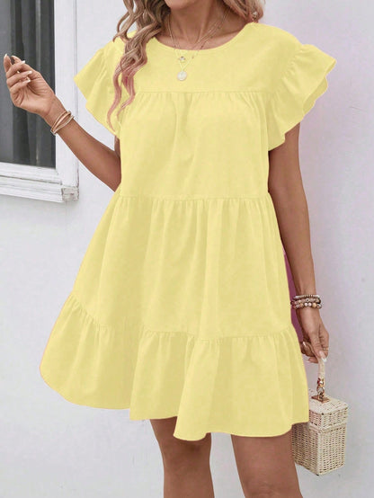 Breezaya Women's Pale Yellow Summer Boho Vacation Loose Babydoll Dress,Solid Color Round Neck Ruffle Trim Holiday Beach Outfit,Casual Summer Dresses