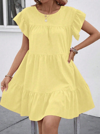 Breezaya Women's Pale Yellow Summer Boho Vacation Loose Babydoll Dress,Solid Color Round Neck Ruffle Trim Holiday Beach Outfit,Casual Summer Dresses