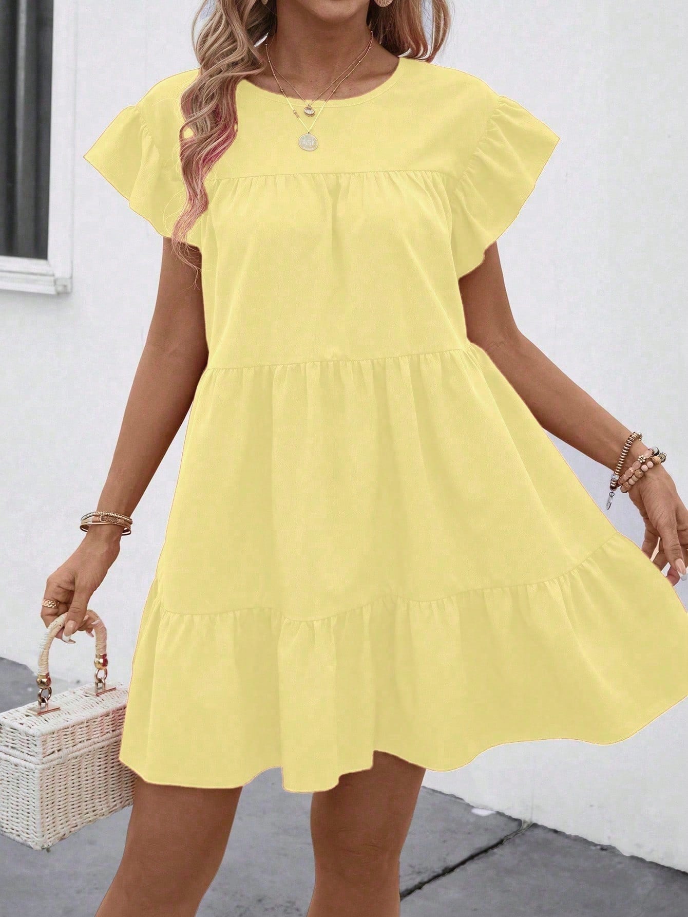 Breezaya Women's Pale Yellow Summer Boho Vacation Loose Babydoll Dress,Solid Color Round Neck Ruffle Trim Holiday Beach Outfit,Casual Summer Dresses