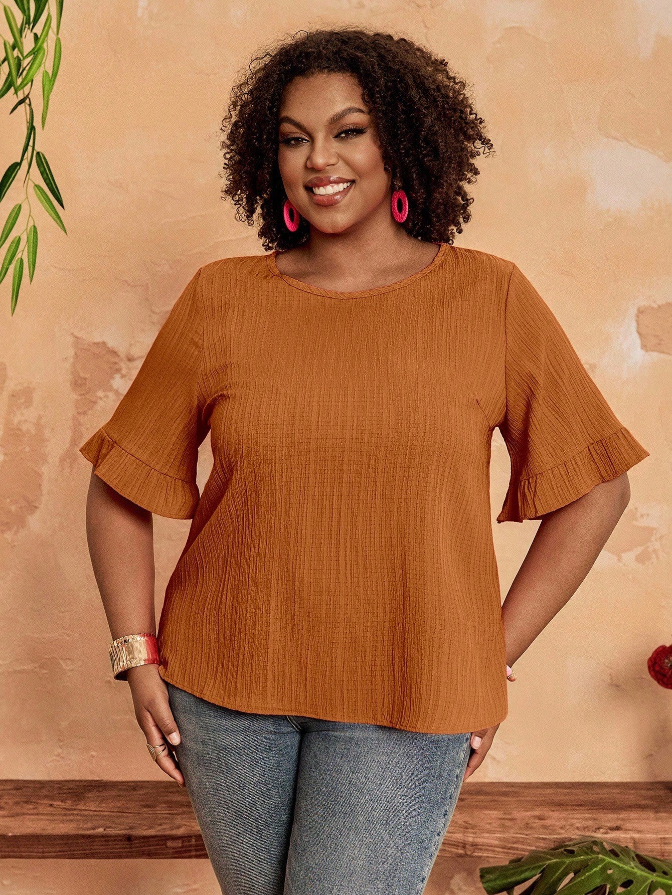 BrightlyHer Plus Size Women's Tiered Layered Woven Fabric Top In Burnt Orange With Short Flounce Sleeves,Holiday For Women