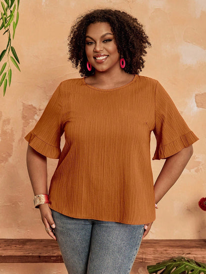 BrightlyHer Plus Size Women's Tiered Layered Woven Fabric Top In Burnt Orange With Short Flounce Sleeves,Holiday For Women