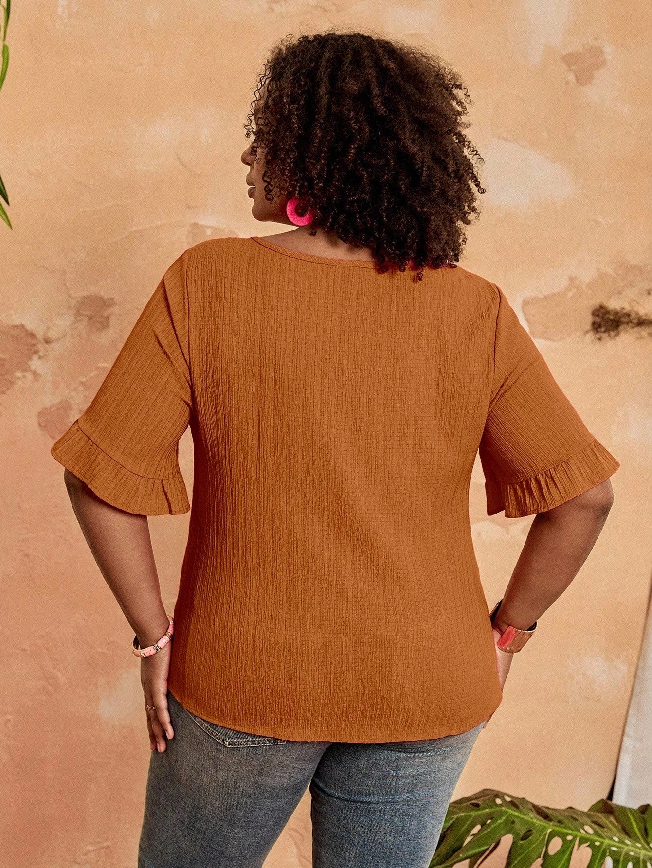BrightlyHer Plus Size Women's Tiered Layered Woven Fabric Top In Burnt Orange With Short Flounce Sleeves,Holiday For Women