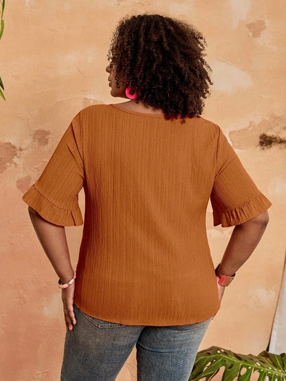 BrightlyHer Plus Size Women's Tiered Layered Woven Fabric Top In Burnt Orange With Short Flounce Sleeves,Holiday For Women