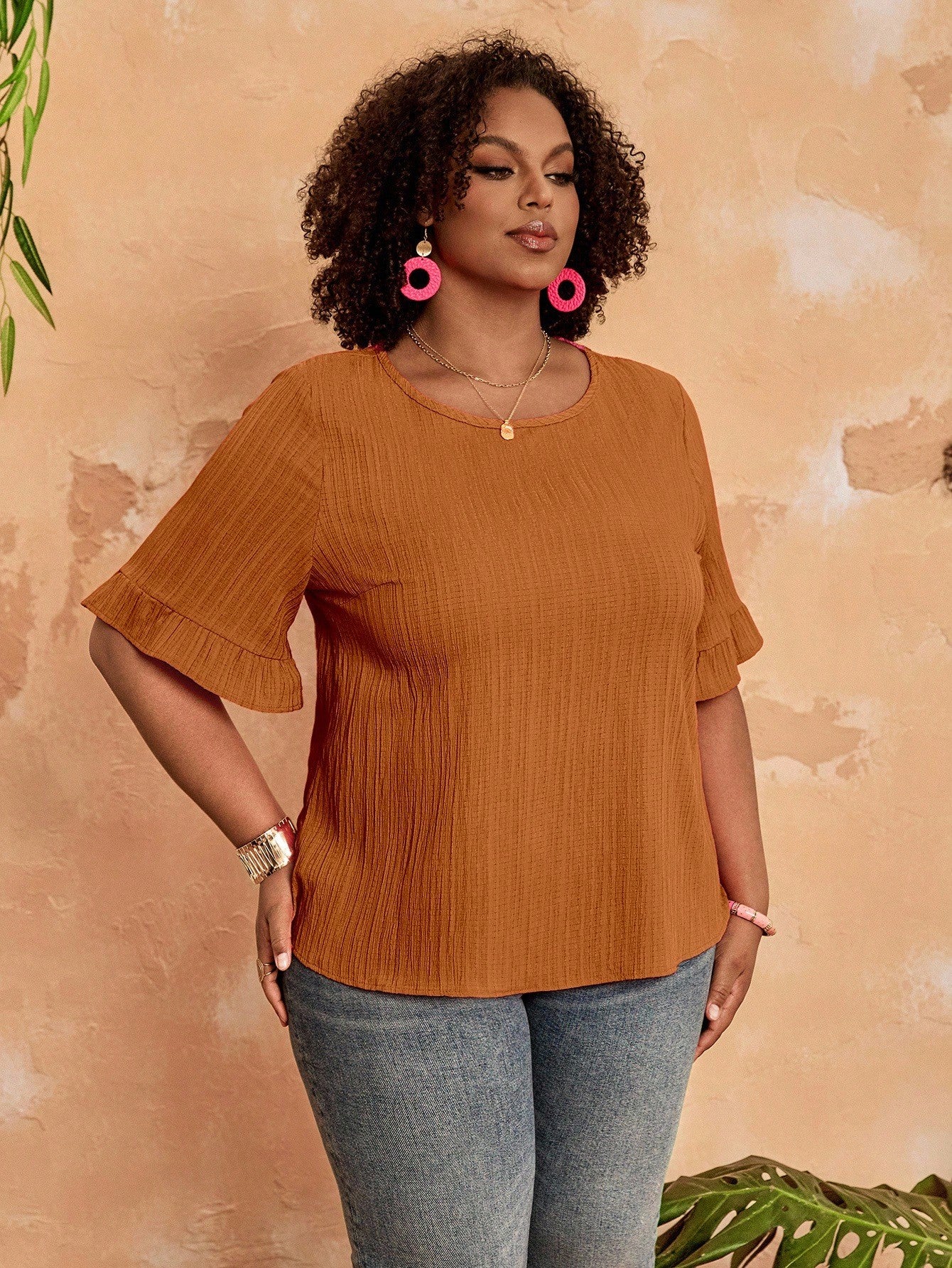 BrightlyHer Plus Size Women's Tiered Layered Woven Fabric Top In Burnt Orange With Short Flounce Sleeves,Holiday For Women