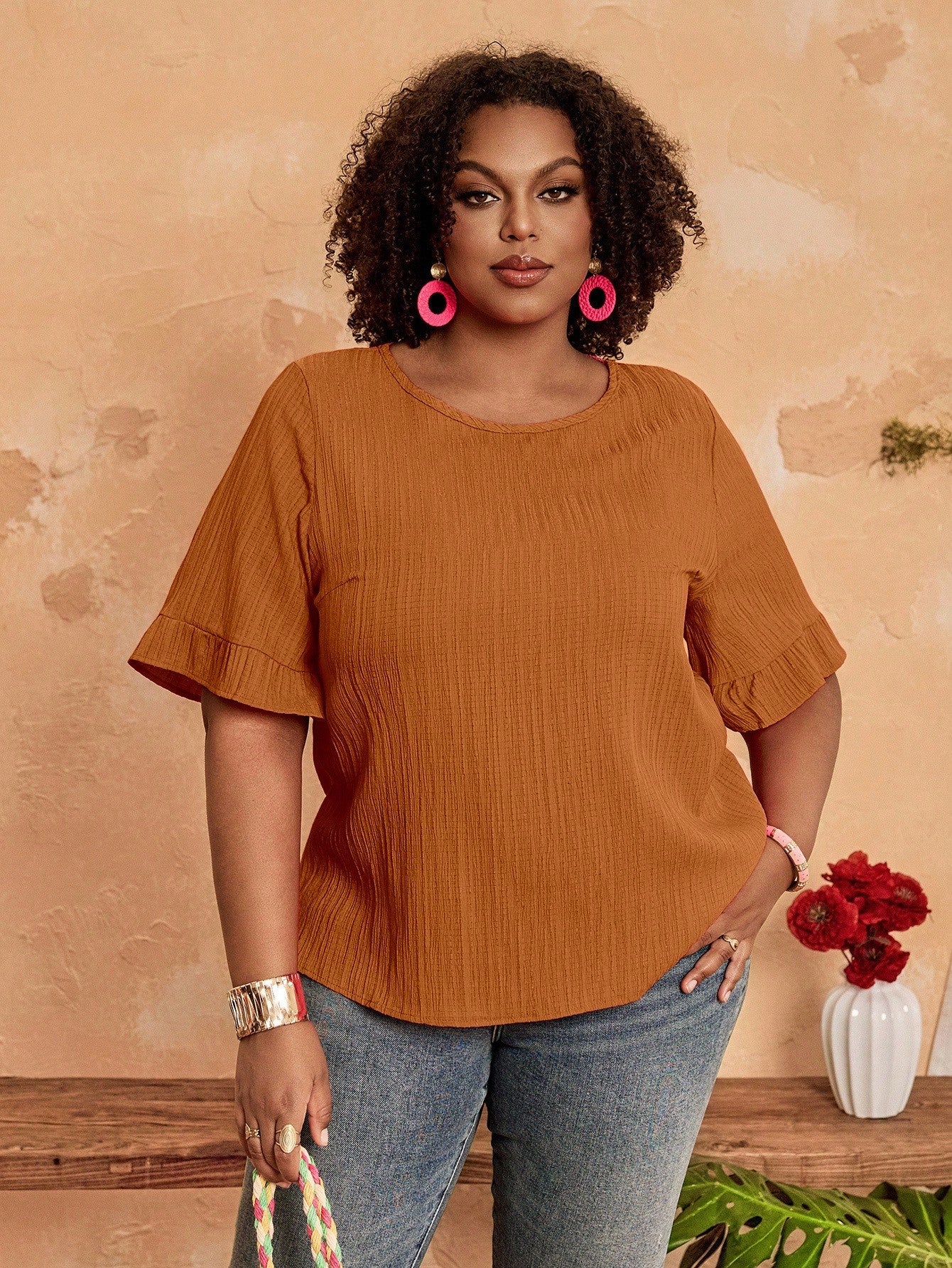 BrightlyHer Plus Size Women's Tiered Layered Woven Fabric Top In Burnt Orange With Short Flounce Sleeves,Holiday For Women