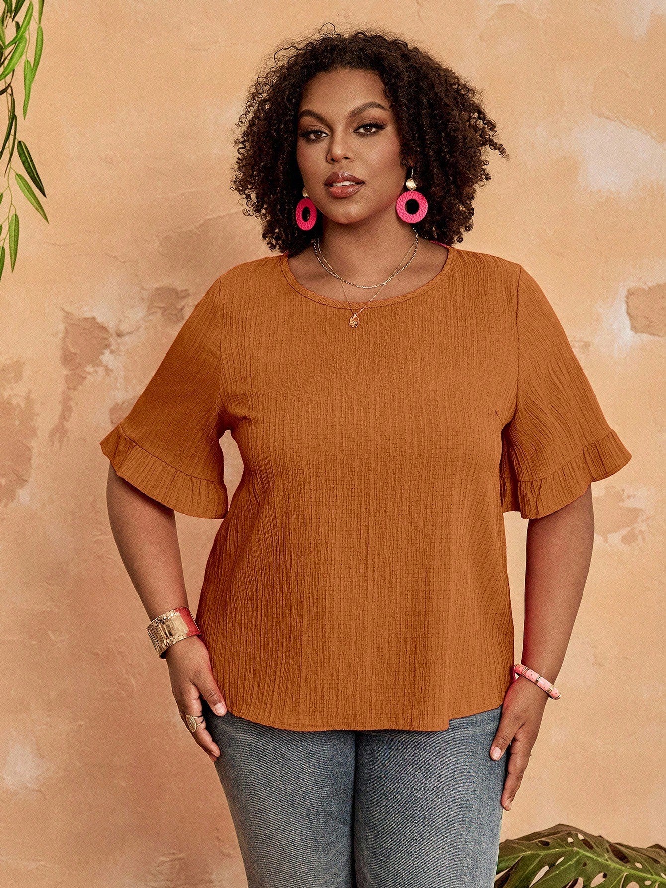BrightlyHer Plus Size Women's Tiered Layered Woven Fabric Top In Burnt Orange With Short Flounce Sleeves,Holiday For Women
