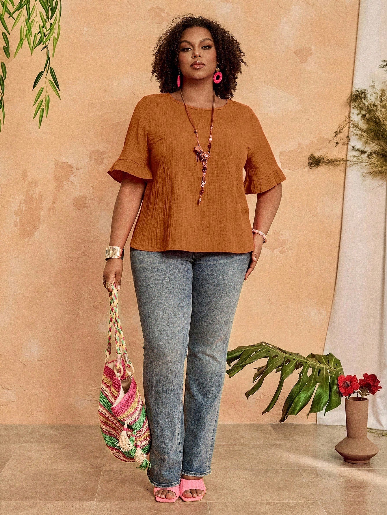 BrightlyHer Plus Size Women's Tiered Layered Woven Fabric Top In Burnt Orange With Short Flounce Sleeves,Holiday For Women