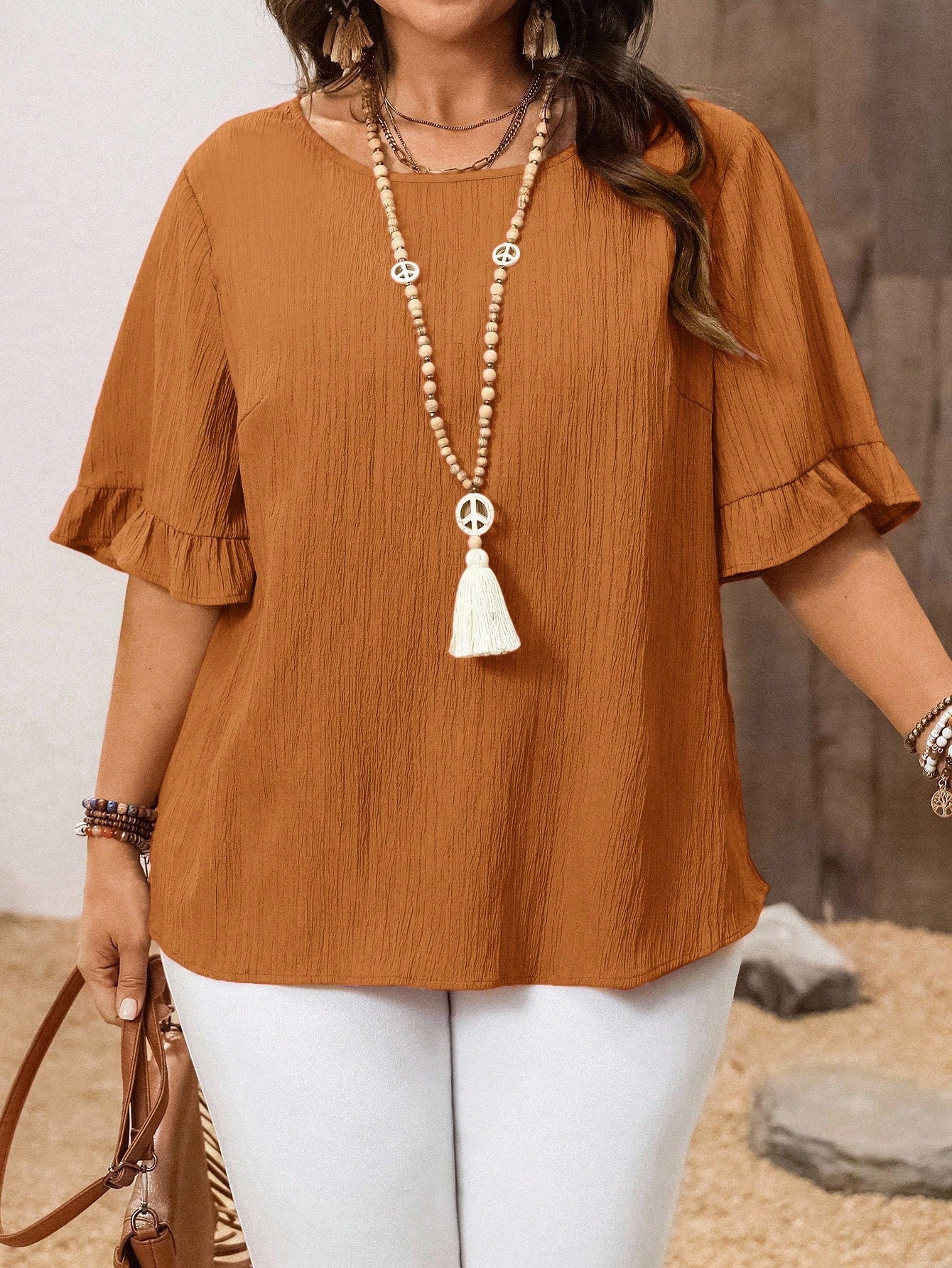 BrightlyHer Plus Size Women's Tiered Layered Woven Fabric Top In Burnt Orange With Short Flounce Sleeves,Holiday For Women