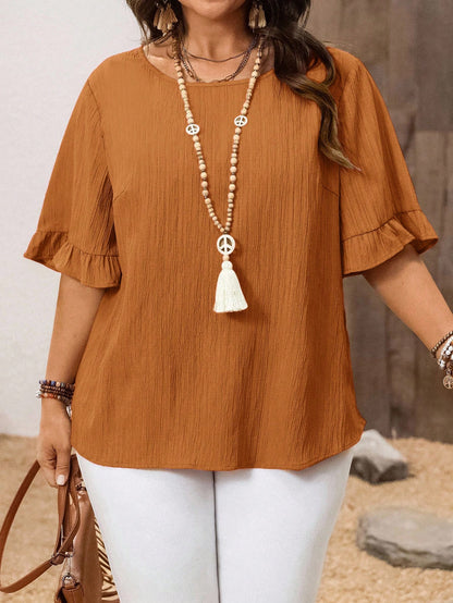 BrightlyHer Plus Size Women's Tiered Layered Woven Fabric Top In Burnt Orange With Short Flounce Sleeves,Holiday For Women