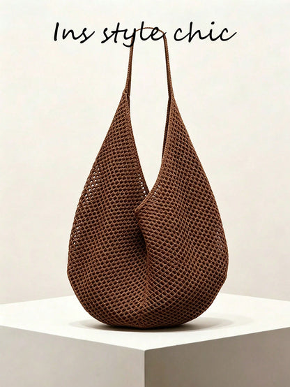 Brown Hollow Mesh Knit Bohemian Shoulder Bag, Large Water-Drop Shaped Cutout Woven Tote Bag With Slim Integrated Long Handle
