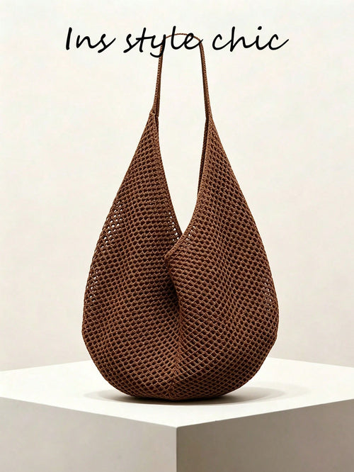 Brown Hollow Mesh Knit Bohemian Shoulder Bag, Large Water-Drop Shaped Cutout Woven Tote Bag With Slim Integrated Long Handle