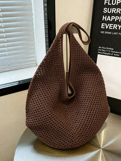 Brown Hollow Mesh Knit Bohemian Shoulder Bag, Large Water-Drop Shaped Cutout Woven Tote Bag With Slim Integrated Long Handle