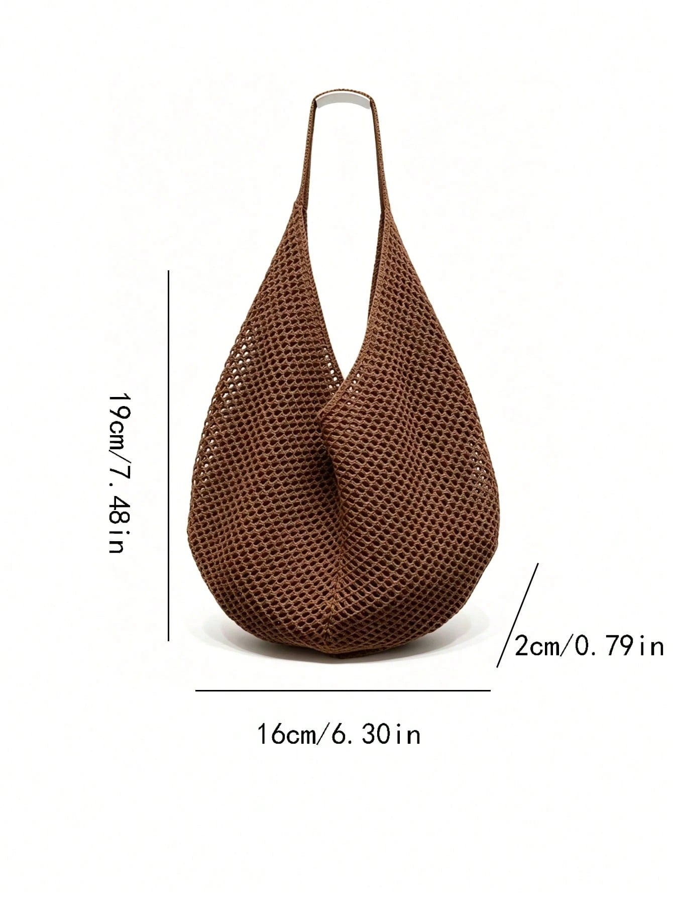 Brown Hollow Mesh Knit Bohemian Shoulder Bag, Large Water-Drop Shaped Cutout Woven Tote Bag With Slim Integrated Long Handle