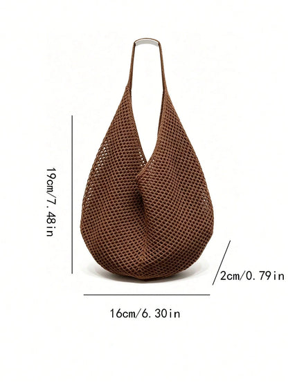 Brown Hollow Mesh Knit Bohemian Shoulder Bag, Large Water-Drop Shaped Cutout Woven Tote Bag With Slim Integrated Long Handle