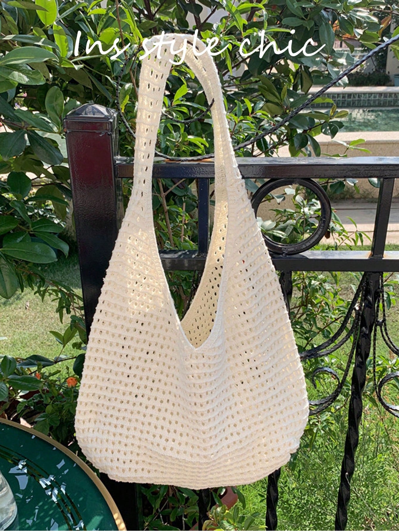 Brown Hollow Mesh Knit Bohemian Shoulder Bag, Large Water-Drop Shaped Cutout Woven Tote Bag With Slim Integrated Long Handle