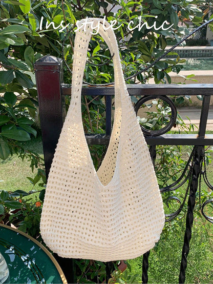 Brown Hollow Mesh Knit Bohemian Shoulder Bag, Large Water-Drop Shaped Cutout Woven Tote Bag With Slim Integrated Long Handle