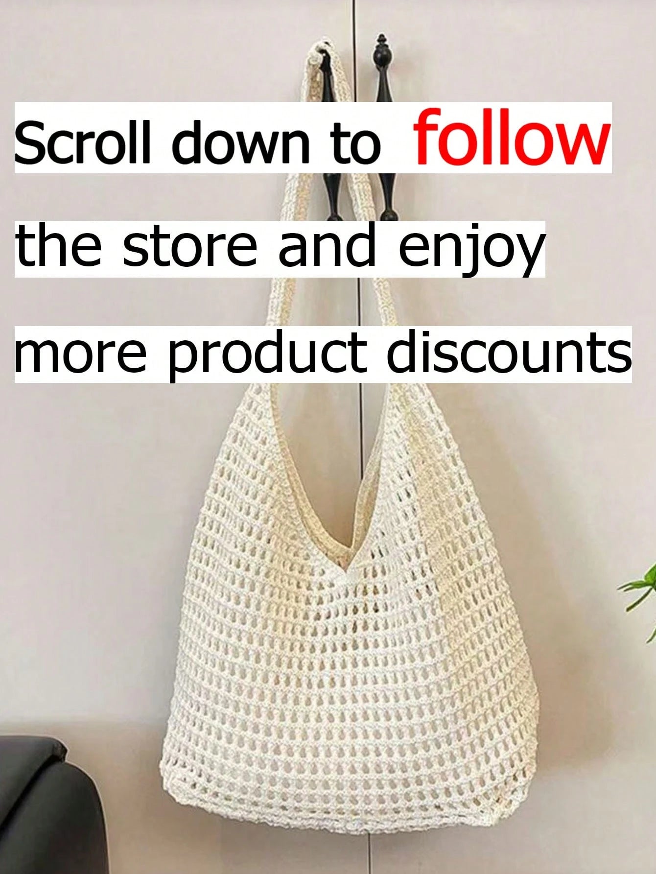 Brown Hollow Mesh Knit Bohemian Shoulder Bag, Large Water-Drop Shaped Cutout Woven Tote Bag With Slim Integrated Long Handle