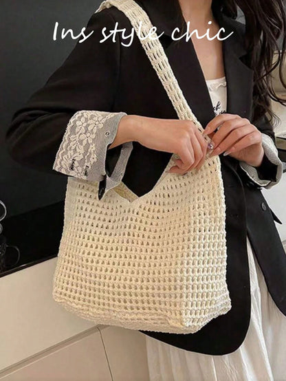 Brown Hollow Mesh Knit Bohemian Shoulder Bag, Large Water-Drop Shaped Cutout Woven Tote Bag With Slim Integrated Long Handle