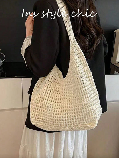 Brown Hollow Mesh Knit Bohemian Shoulder Bag, Large Water-Drop Shaped Cutout Woven Tote Bag With Slim Integrated Long Handle