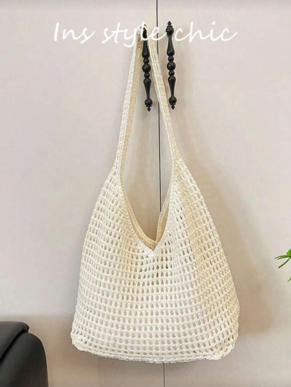 Brown Hollow Mesh Knit Bohemian Shoulder Bag, Large Water-Drop Shaped Cutout Woven Tote Bag With Slim Integrated Long Handle