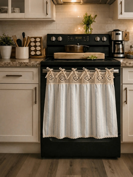 Bubaba Vintage Crochet Lace Oven Curtain- Bohemian Farmhouse Style Oven Dust Cover/Kitchen Decor Curtain, Farmhouse Style Oven Door Curtain With Lace Tie, Semi-Transparent Textured Polyester Kitchen