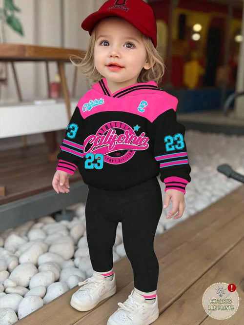 Bubblio 2pcs Baby Girl Black Pink Autumn Casual Back-To-School Retro Letter & Number Badge Graphic Hoodie Sweatshirt And Loose Fit Pants Set,90s Outfit Gigi