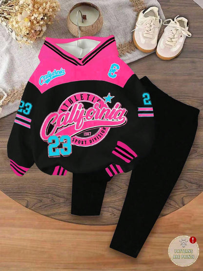 Bubblio 2pcs Baby Girl Black Pink Autumn Casual Back-To-School Retro Letter & Number Badge Graphic Hoodie Sweatshirt And Loose Fit Pants Set,90s Outfit Gigi