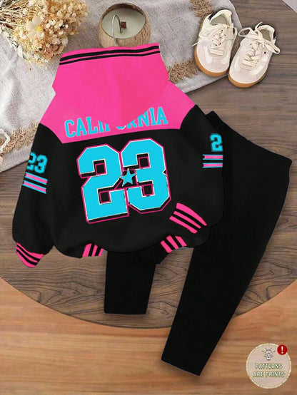 Bubblio 2pcs Baby Girl Black Pink Autumn Casual Back-To-School Retro Letter & Number Badge Graphic Hoodie Sweatshirt And Loose Fit Pants Set,90s Outfit Gigi