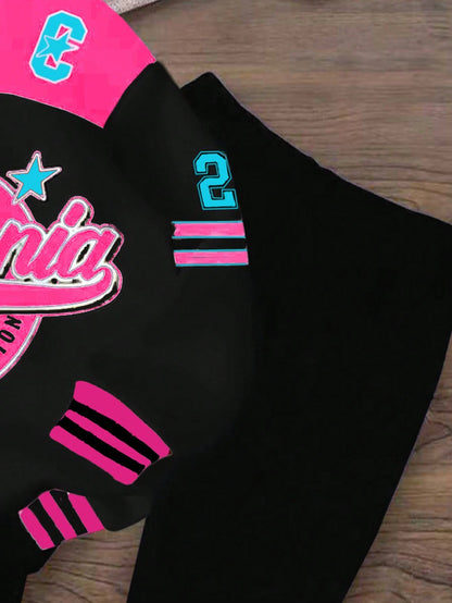 Bubblio 2pcs Baby Girl Black Pink Autumn Casual Back-To-School Retro Letter & Number Badge Graphic Hoodie Sweatshirt And Loose Fit Pants Set,90s Outfit Gigi