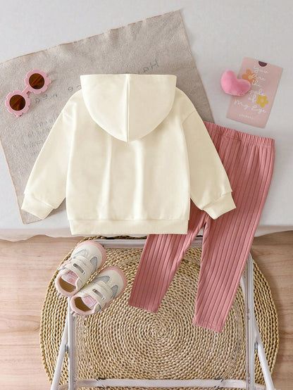 Bubblio 2pcs Baby Girl Black Pink Autumn Casual Back-To-School Retro Letter & Number Badge Graphic Hoodie Sweatshirt And Loose Fit Pants Set,90s Outfit Gigi