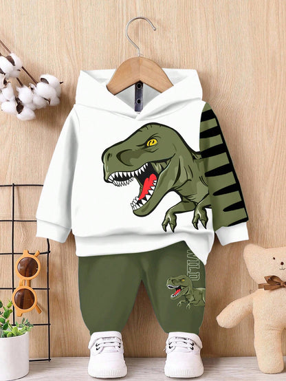 Bubblio Baby Boy Olive Green Dinosaur Cartoon Animal Cute Casual Summer Beach Sports Style 3D Graffiti Loose Knit Hoodie Sweatsuit,Autumn/Winter Soft Set
