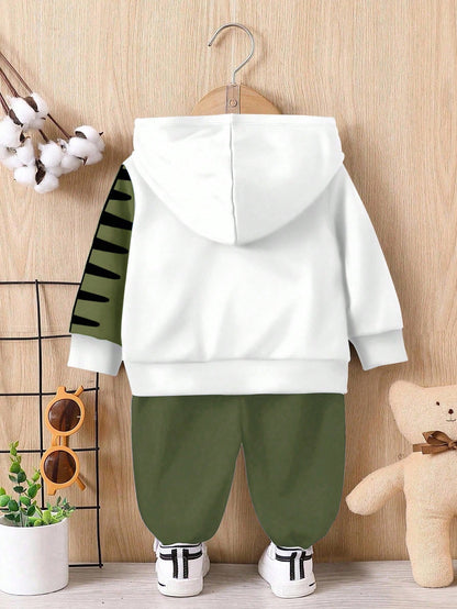 Bubblio Baby Boy Olive Green Dinosaur Cartoon Animal Cute Casual Summer Beach Sports Style 3D Graffiti Loose Knit Hoodie Sweatsuit,Autumn/Winter Soft Set