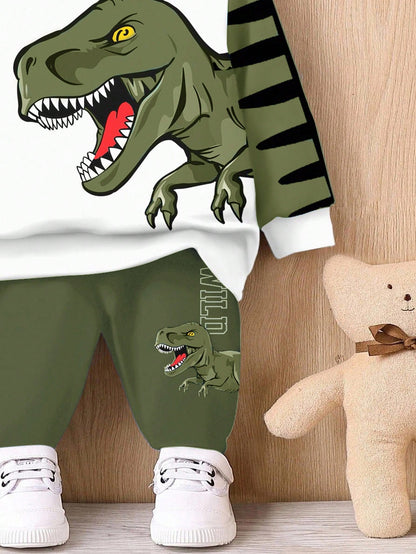 Bubblio Baby Boy Olive Green Dinosaur Cartoon Animal Cute Casual Summer Beach Sports Style 3D Graffiti Loose Knit Hoodie Sweatsuit,Autumn/Winter Soft Set