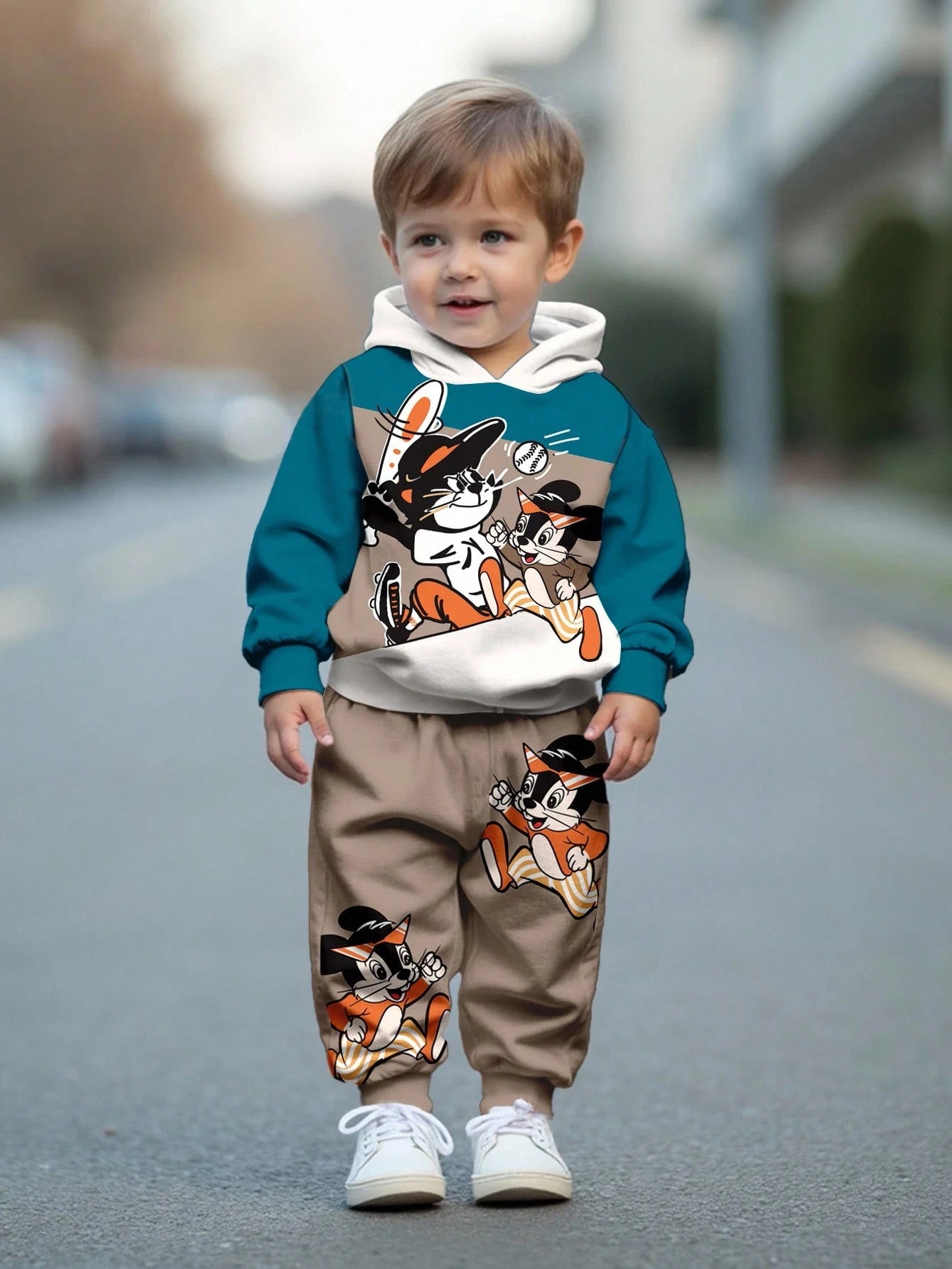Bubblio Baby Boy Olive Green Dinosaur Cartoon Animal Cute Casual Summer Beach Sports Style 3D Graffiti Loose Knit Hoodie Sweatsuit,Autumn/Winter Soft Set