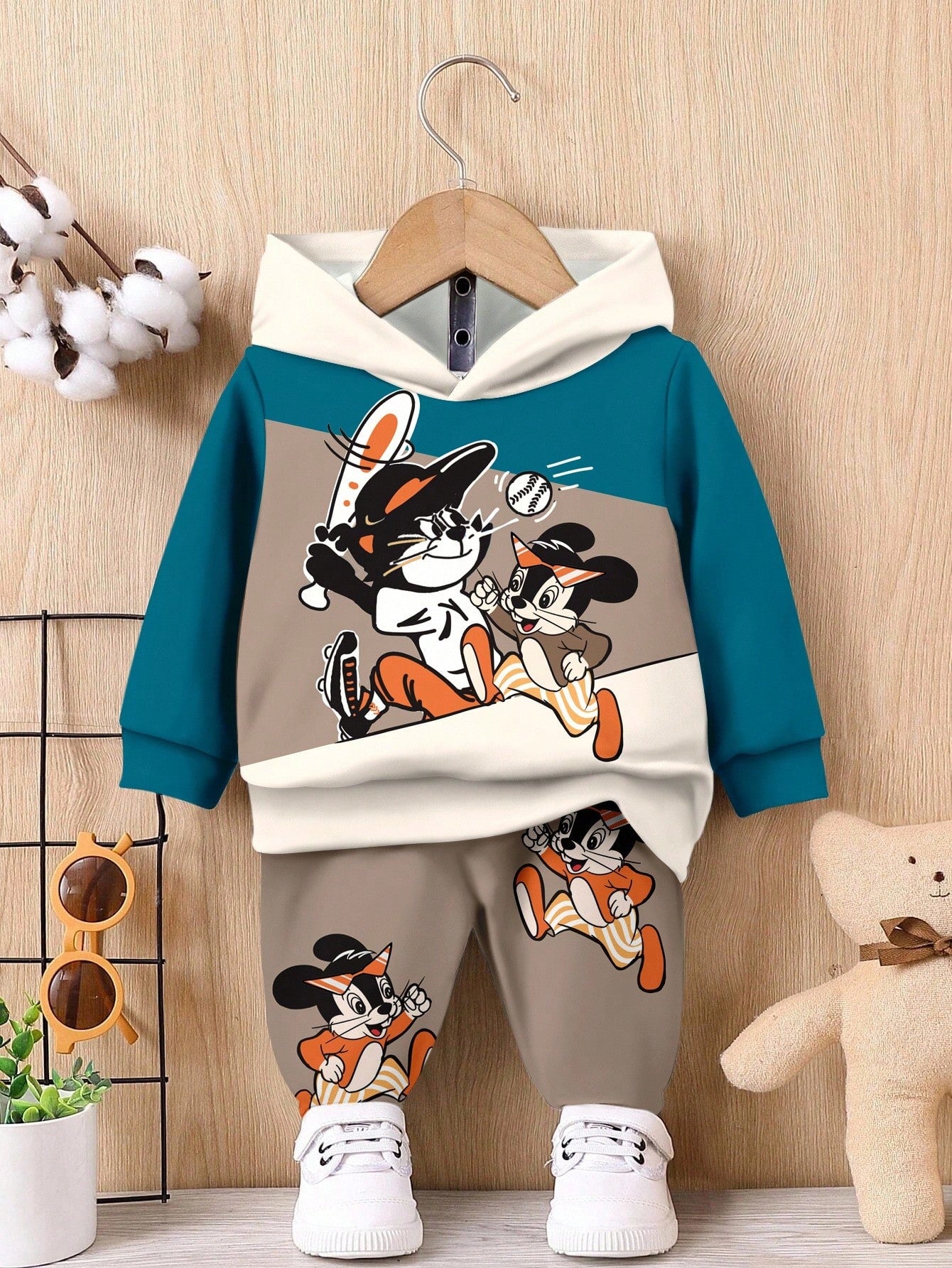 Bubblio Baby Boy Olive Green Dinosaur Cartoon Animal Cute Casual Summer Beach Sports Style 3D Graffiti Loose Knit Hoodie Sweatsuit,Autumn/Winter Soft Set