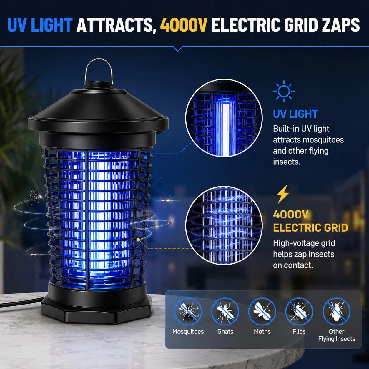 Bug Zapper Outdoor Electric, 5.8Ft Portable Mosquito Zapper Fly Zapper Indoor, 4000V High Powered Mosquito Killer Lamp, Hanging Waterproof Bug Light Zapper For Patio Backyard Home Garage Camping-Black