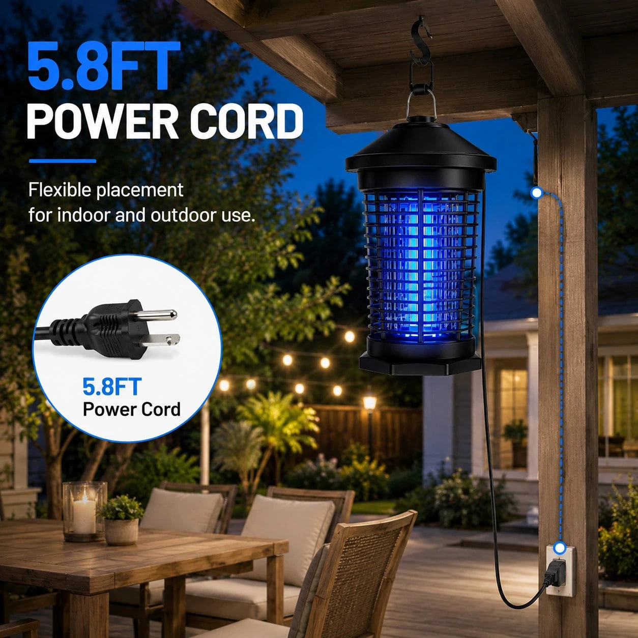 Bug Zapper Outdoor Electric, 5.8Ft Portable Mosquito Zapper Fly Zapper Indoor, 4000V High Powered Mosquito Killer Lamp, Hanging Waterproof Bug Light Zapper For Patio Backyard Home Garage Camping-Black