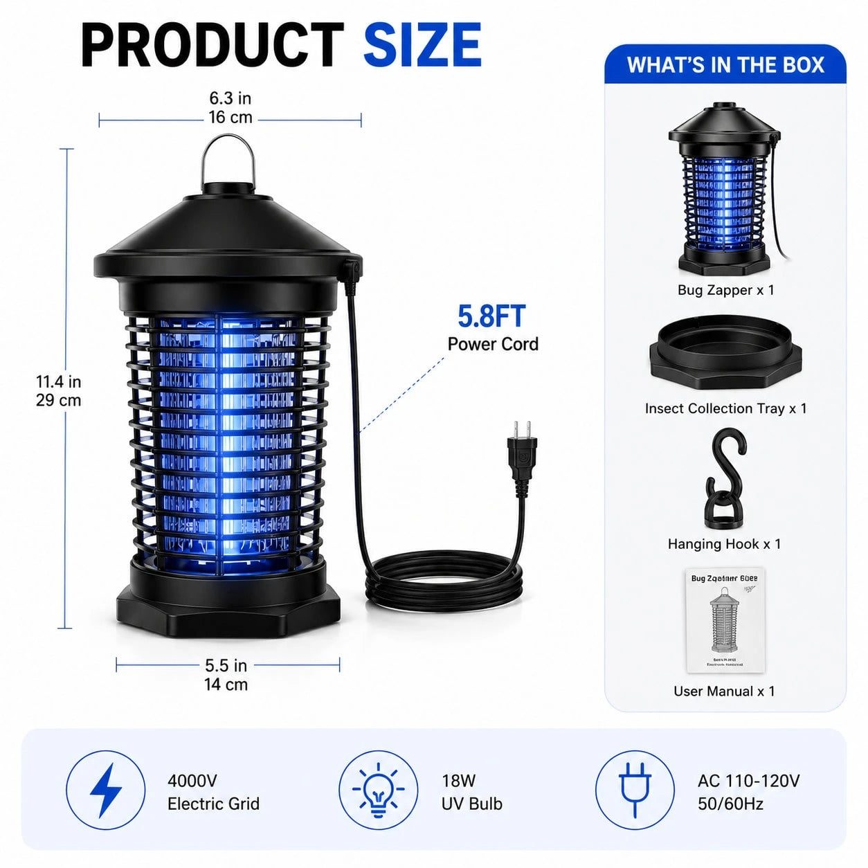 Bug Zapper Outdoor Electric, 5.8Ft Portable Mosquito Zapper Fly Zapper Indoor, 4000V High Powered Mosquito Killer Lamp, Hanging Waterproof Bug Light Zapper For Patio Backyard Home Garage Camping-Black