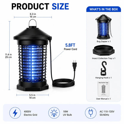 Bug Zapper Outdoor Electric, 5.8Ft Portable Mosquito Zapper Fly Zapper Indoor, 4000V High Powered Mosquito Killer Lamp, Hanging Waterproof Bug Light Zapper For Patio Backyard Home Garage Camping-Black