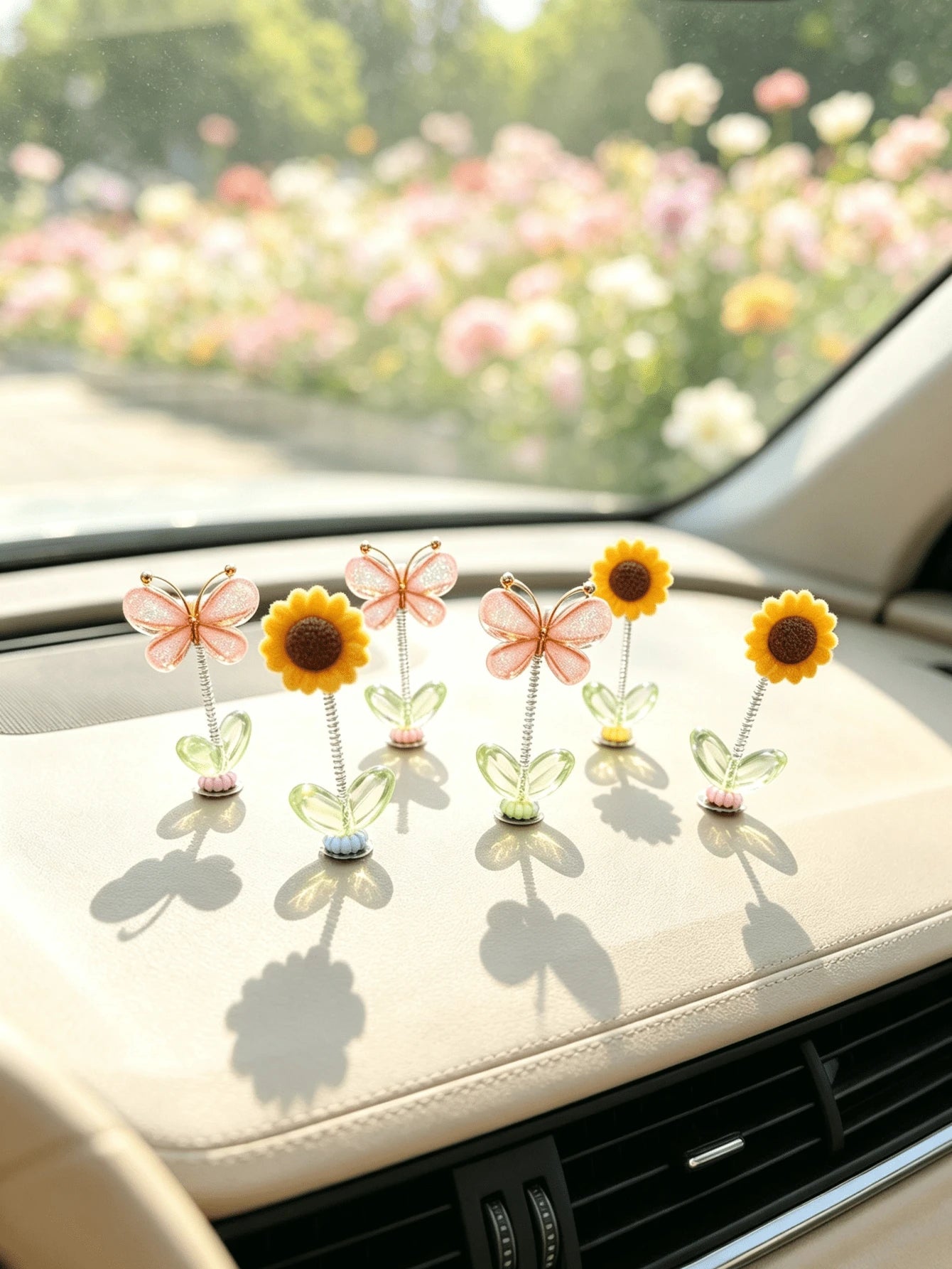Butterfly Sunflower Spring Car Dashboard Ornament, Cute Wobbly Car Interior Decoration
