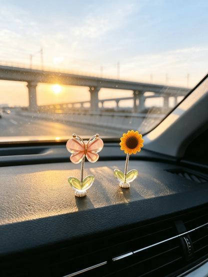 Butterfly Sunflower Spring Car Dashboard Ornament, Cute Wobbly Car Interior Decoration