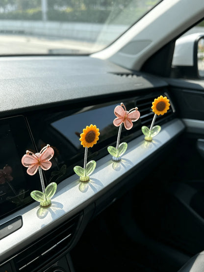 Butterfly Sunflower Spring Car Dashboard Ornament, Cute Wobbly Car Interior Decoration