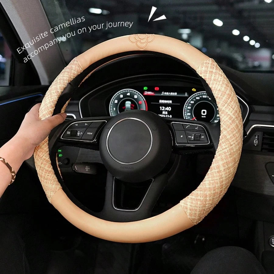 Car Accessories Steering Wheel Cover Women's Four Seasons GM Universal Steering Wheel Cover Cotton And Linen Comfortable Anti-Slip Temperament Camellia Car Accessories For Women All Seasons Suitable A