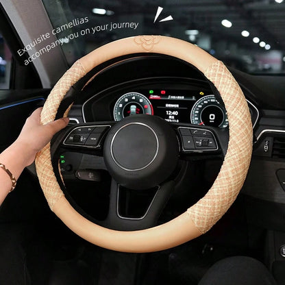 Car Accessories Steering Wheel Cover Women's Four Seasons GM Universal Steering Wheel Cover Cotton And Linen Comfortable Anti-Slip Temperament Camellia Car Accessories For Women All Seasons Suitable A