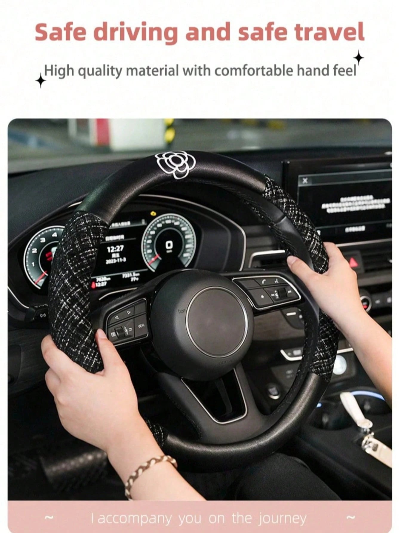 Car Accessories Steering Wheel Cover Women's Four Seasons GM Universal Steering Wheel Cover Cotton And Linen Comfortable Anti-Slip Temperament Camellia Car Accessories For Women All Seasons Suitable A