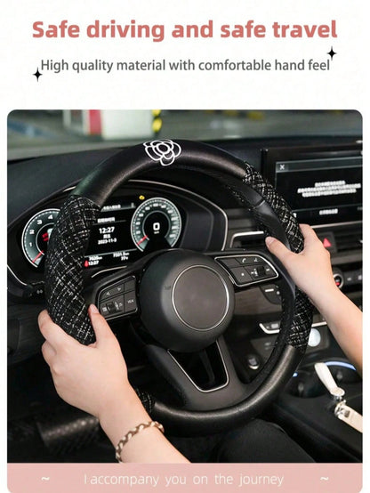 Car Accessories Steering Wheel Cover Women's Four Seasons GM Universal Steering Wheel Cover Cotton And Linen Comfortable Anti-Slip Temperament Camellia Car Accessories For Women All Seasons Suitable A