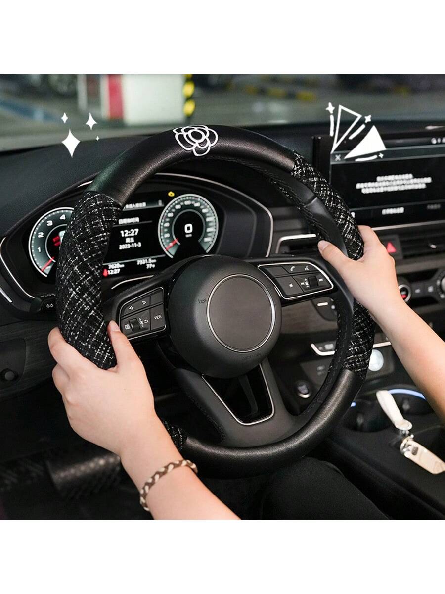 Car Accessories Steering Wheel Cover Women's Four Seasons GM Universal Steering Wheel Cover Cotton And Linen Comfortable Anti-Slip Temperament Camellia Car Accessories For Women All Seasons Suitable A
