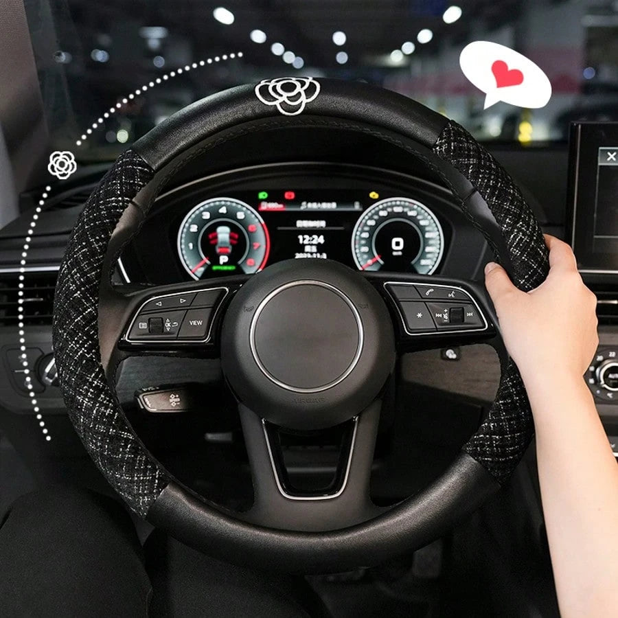 Car Accessories Steering Wheel Cover Women's Four Seasons GM Universal Steering Wheel Cover Cotton And Linen Comfortable Anti-Slip Temperament Camellia Car Accessories For Women All Seasons Suitable A