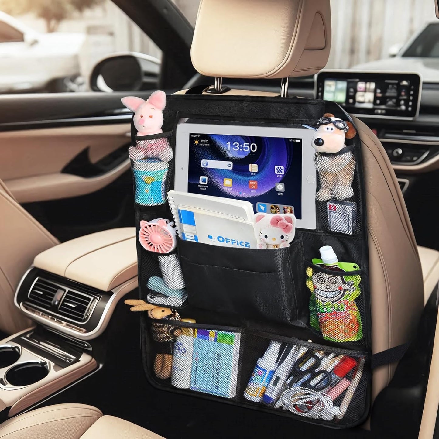 Car Backseat Organizer With 10" Table Holder, 9 Storage Pockets Seat Back Protectors Kick Mats For Kids Toddlers, Travel Accessories