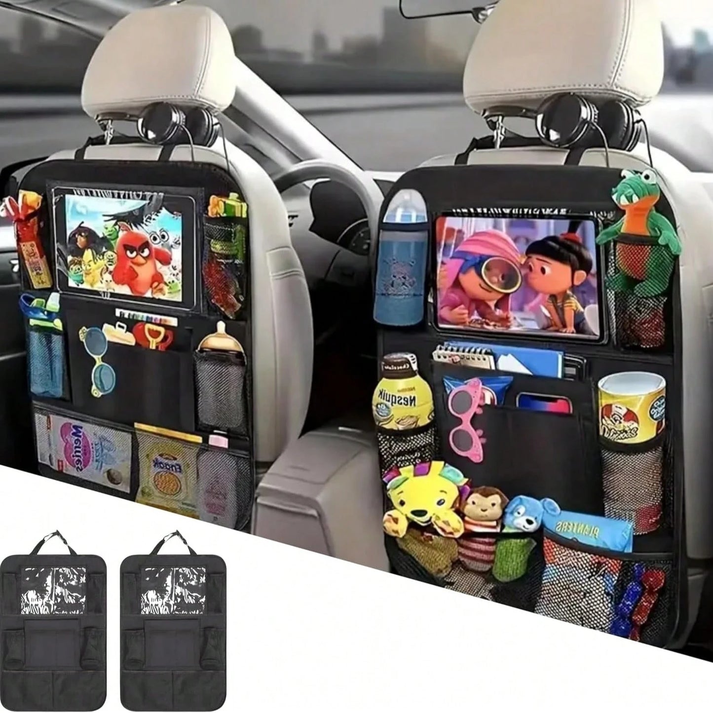 Car Backseat Organizer With 10" Table Holder, 9 Storage Pockets Seat Back Protectors Kick Mats For Kids Toddlers, Travel Accessories